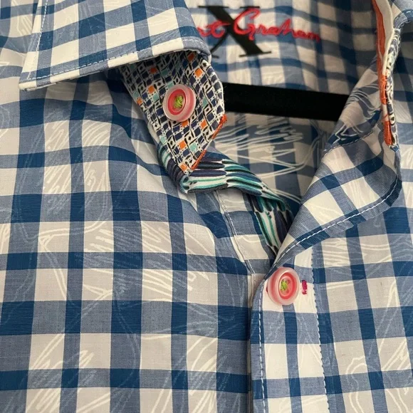 Robert Graham X Blue & White checkered button down Shirt gingham cotton Sz L - Picture 5 of 15